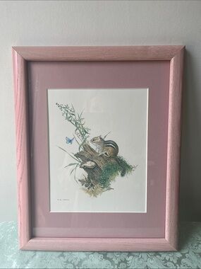 “Chipmunk and Woodland Blue Butterfly" Framed Print by Glen Loates Pink Frame